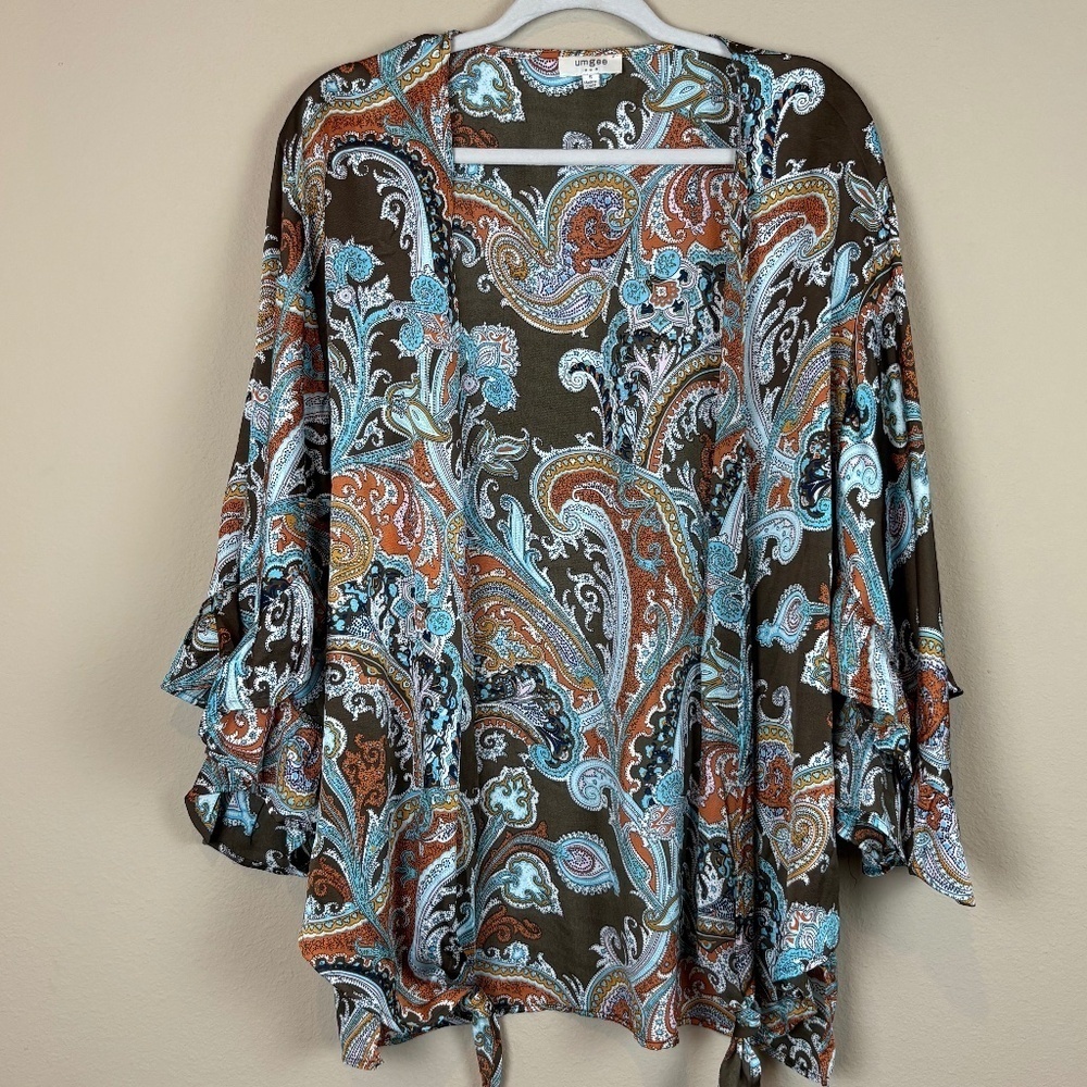 Umgee Multicolor Paisley Brown/Orange/Blue Boho Kimono Wide Ruffle Sleeves